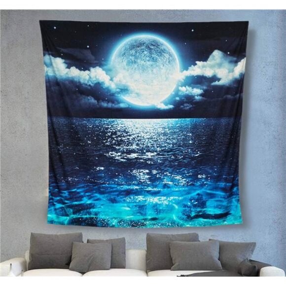 Wall Tapestry Moon Ocean Stars for Bedroom Wall Hanging Blue Queen Teal Turquois